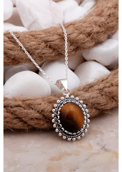 Kaplan Gözü Telkari Işlemeli Gümüş Kolye 7814