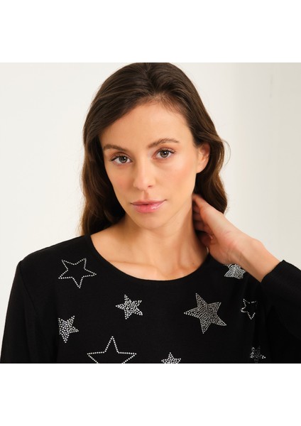 Kristal Taş Basılı Kazak indirimleri