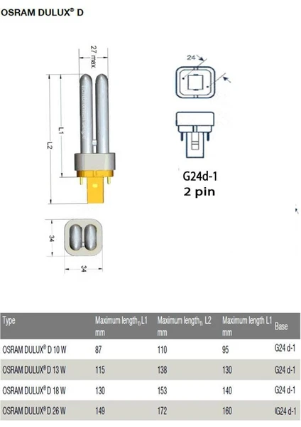 Dulux D 10W/827 2P PLC Ampul 2700K Sarı Işık (11 cm) Kompak Floresan Lamba