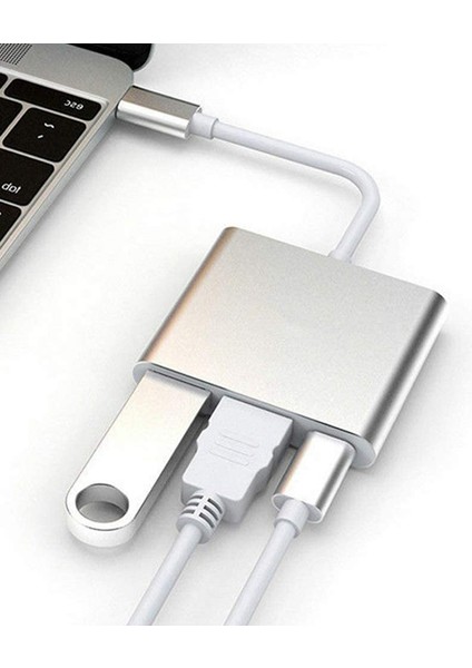 USB C - HDMI Adaptörü, 3'ü 1 Arada Çok Bağlantı Noktalı USB Tip C - 4K Hdmı, Usb3.0 ve USB C Güç Dağıtım Bağlantı Noktası Dönüştürücü Uyumlu (Yurt Dışından)