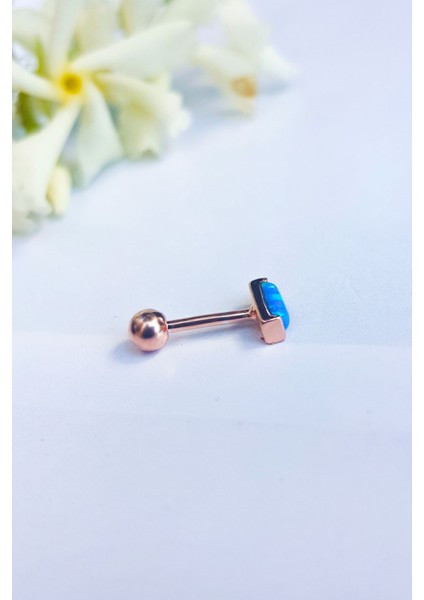 Tekli, Opal Taşlı Dikdörtgen Piercing Küpe