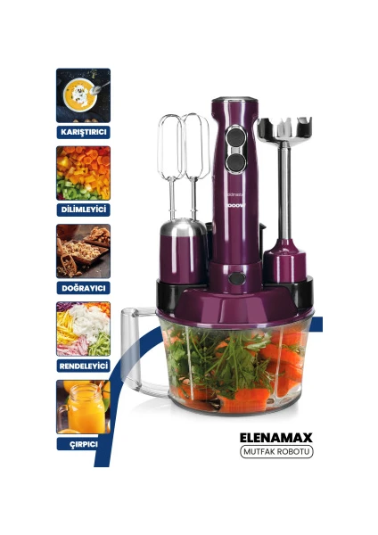 Elenamax Mor 1000 Watt Hız Ayarlı %100 Bakır Motor 5 In 1 Mutfak Robotu Multi Blender Seti