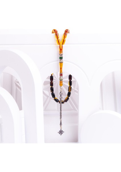 Gümüş Püsküllü Kapsül Kesim Ateş Kehribar Tesbih -Z3138