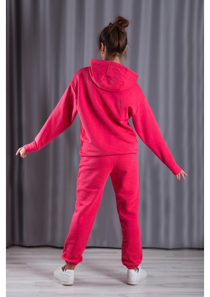 Unisex Fuşya Pembe Bol Kalıp İçi Puflu Paçası Lastikli Jogger Eşofman Altı