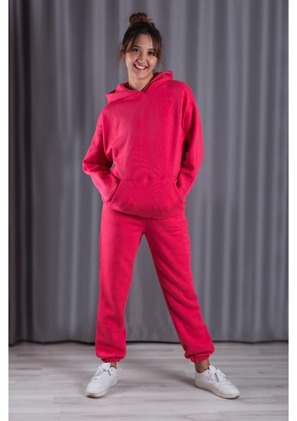 Unisex Fuşya Pembe Bol Kalıp İçi Puflu Paçası Lastikli Jogger Eşofman Altı