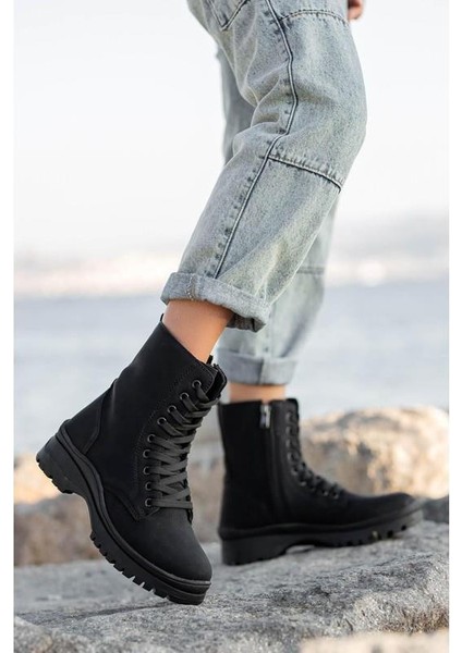 7660 Siyah Zümrüt Kürklü Kadın Düz Bot