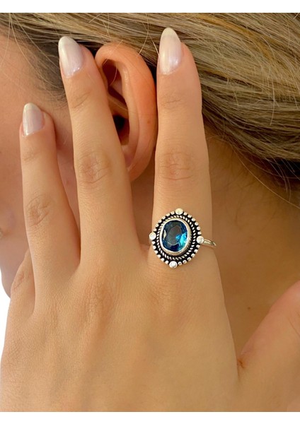 Aquamarine Taş Otantik Üst Kalite 925 Ayar Gümüş Yüzük