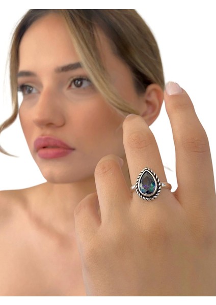 925 Ayar Damla Mistik Topaz Otantik Üst Kalite Gümüş Yüzük