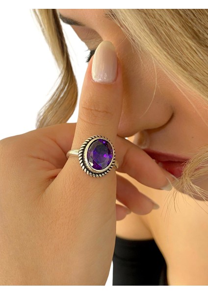 925 Ayar Oval Ametist Taş Otantik Üst Kalite Gümüş Yüzük
