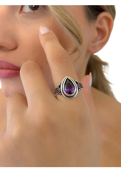 925 Ayar Ametist Taşlı Otantik Üst Kalite Gümüş Yüzük