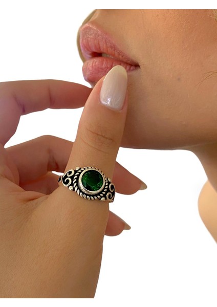 925 Ayar Zümrüt Taş Otantik Üst Kalite Gümüş Yüzük