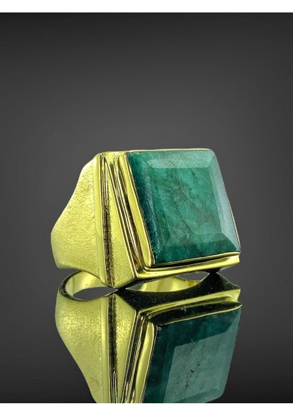 14 Ayar Altın Doğal Zümrüt Taş Özel Tasarım Erkek Yüzük