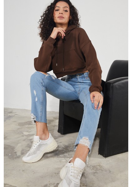 Kadın Kapüşonlu Kanguru Cepli 3 Iplik Içi Polarlı Şardonlu Basic Kalın Crop Sweatshirt