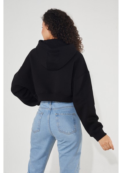 Kadın Kapüşonlu Kanguru Cepli 3 Iplik Içi Polarlı Şardonlu Basic Kalın Crop Sweatshirt