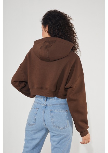 Kadın Kapüşonlu Kanguru Cepli 3 Iplik Içi Polarlı Şardonlu Basic Kalın Crop Sweatshirt indirimleri