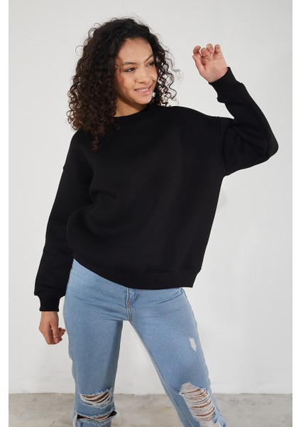 Kadın Bisiklet Yaka Uzun Kollu Basic 3 Iplik Şardonlu Sweatshirt