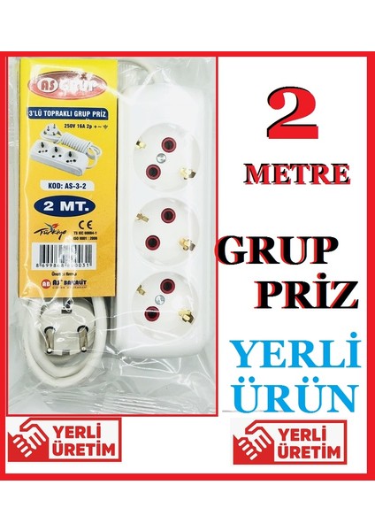 2mt 2 Metre - Isıtıcı Fan Su Sebili Telefon Şarjı Buzdolabı Çamaşır Bulaşık Makinesi Ketıl Ütü LED Tv Televizyon Için 3lü 3 Çıkış Üçlü Türk Malı Grup Elektrik Uzatma Kablo Priz