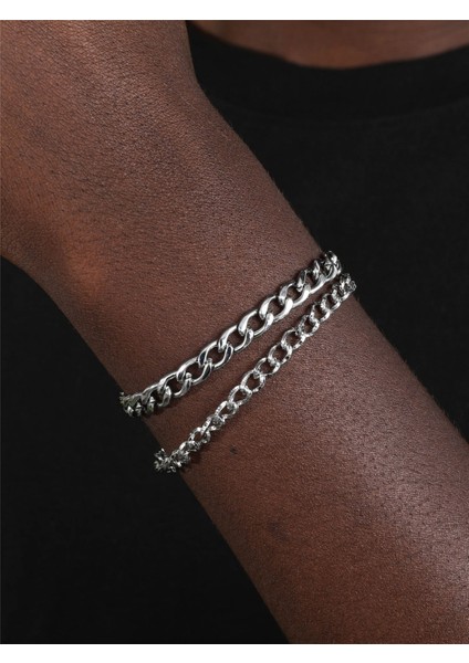 Gümüş Renk Unisex Ince ve Kalın Cadena Kombin Bileklik - 2130