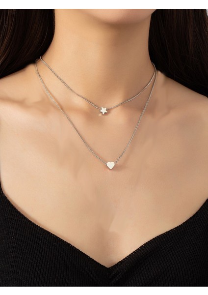 Gümüş Renk Ik Katmanlı Yıldız ve Kalp Kolye - 2129