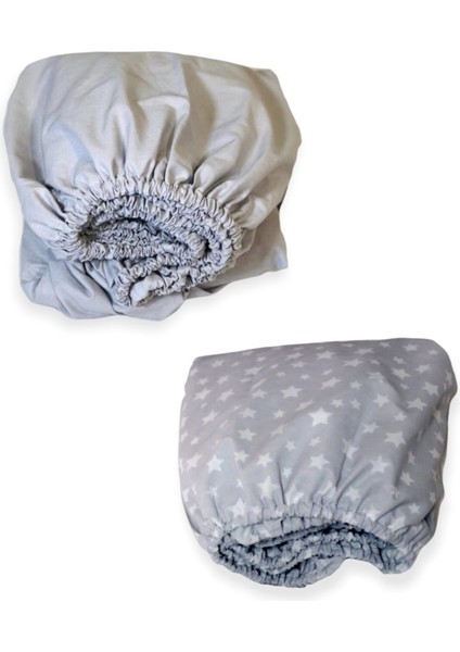 %100 Pamuk Çocuk Lastikli Çarşaf 90X190 Gri ve Yıldızlı Gri (2 Adet)