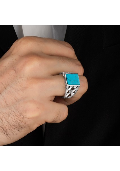 Mavi Firuze Turkuaz Taş Vintage Erkek Gümüş Yüzük