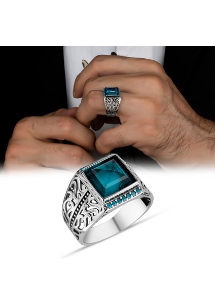 Aquamarine Yüzük Erkek 925 Ayar Gümüş