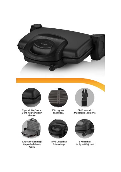 Lezzito Siyah 1750 Watt Granit Çıkarılabilir Plakalı 5 Kademe Isı Ayarlı Tost ve Izgara Makinesi