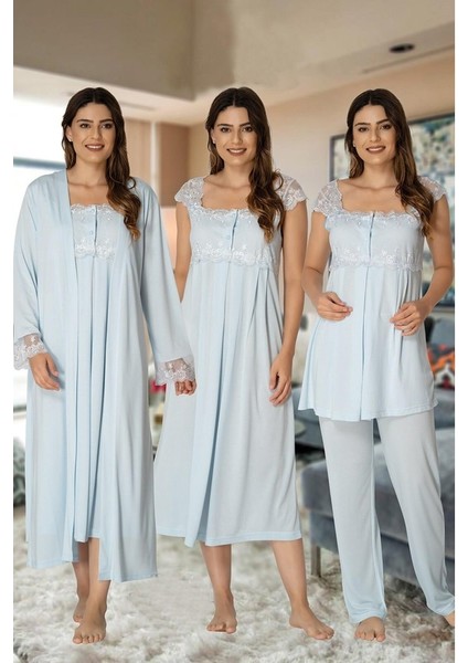 Effortt Kadın Pijama Takımı Gecelik Sabahlık Lohusa Hamile 4'lü Set 2305