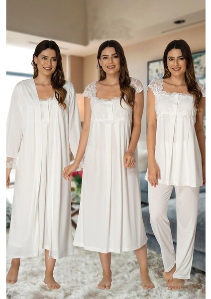Effortt Kadın Pijama Takımı Gecelik Sabahlık Lohusa Hamile 4'lü Set 2305