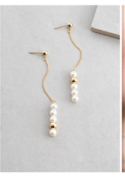 Handmade Altın Kaplama Zincir Detaylı Inci ve Gold Top Kadın Çivi Küpe