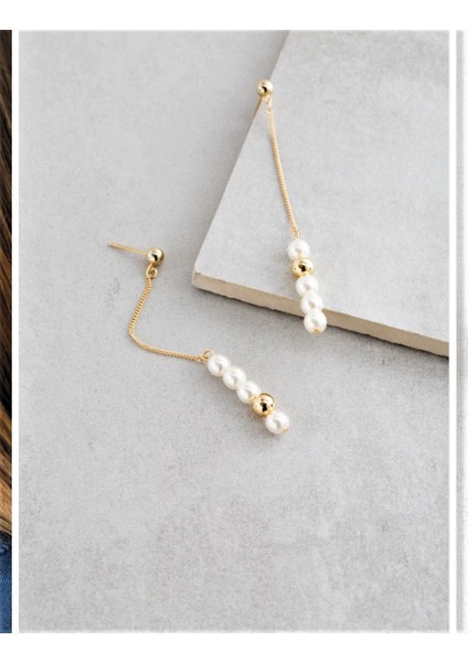 Handmade Altın Kaplama Zincir Detaylı Inci ve Gold Top Kadın Çivi Küpe