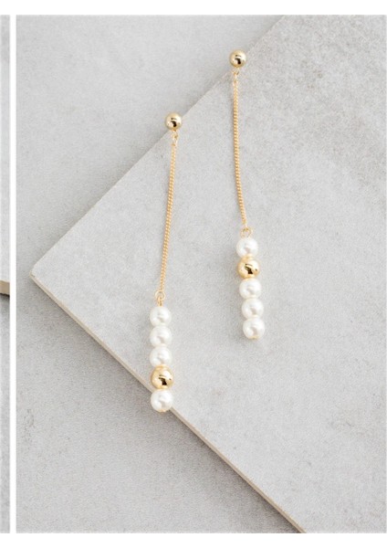 Handmade Altın Kaplama Zincir Detaylı Inci ve Gold Top Kadın Çivi Küpe