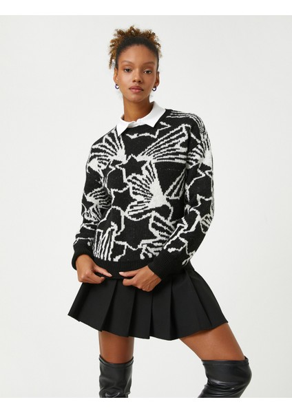 Örgü Kazak Yuvarlak Yaka Uzun Kollu Yıldız Desenli