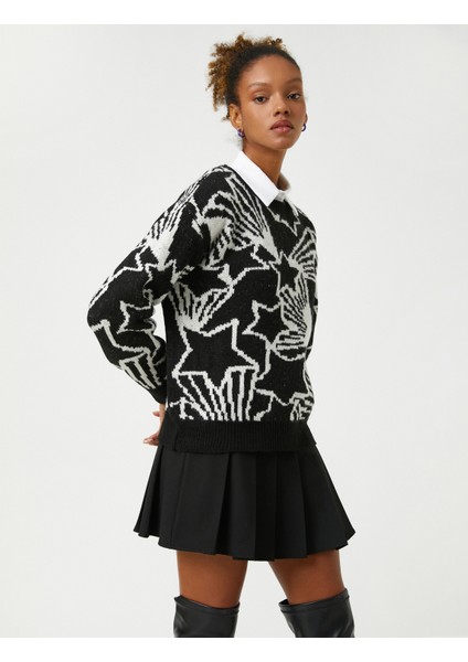 Örgü Kazak Yuvarlak Yaka Uzun Kollu Yıldız Desenli fiyatları