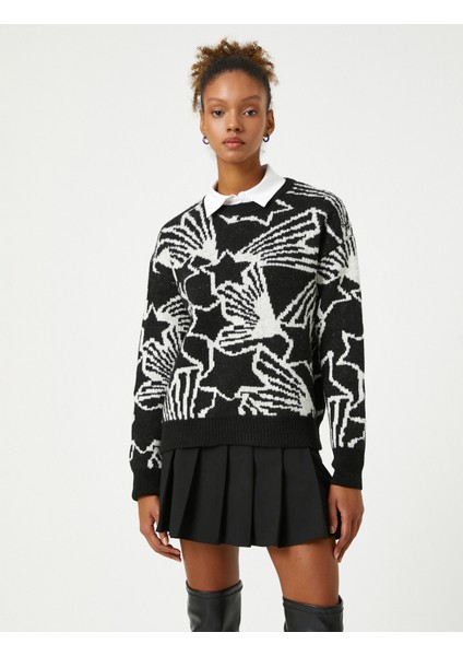 Örgü Kazak Yuvarlak Yaka Uzun Kollu Yıldız Desenli modelleri