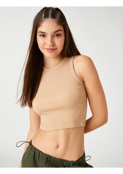 Fitilli Atlet Crop Bisiklet Yaka Fitilli Kolsuz