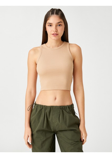 Fitilli Atlet Crop Bisiklet Yaka Fitilli Kolsuz