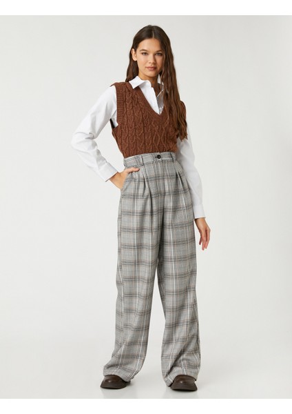 Palazzo Pantolon Bol Paça Kareli Cep Detaylı Piliseli