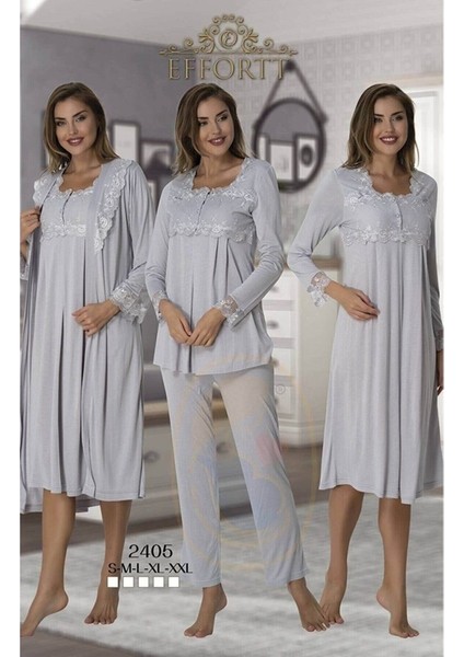 Effortt Kadın Uzun Kollu Pijama Takımı Gecelik Sabahlık Lohusa Hamile 4'lü Set 2405