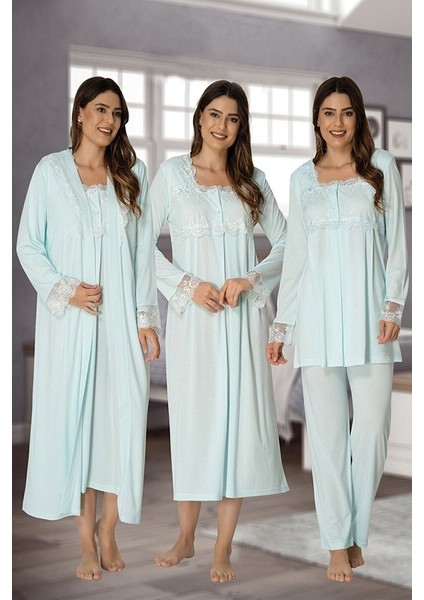 Effortt Kadın Uzun Kollu Pijama Takımı Gecelik Sabahlık Lohusa Hamile 4'lü Set 2405