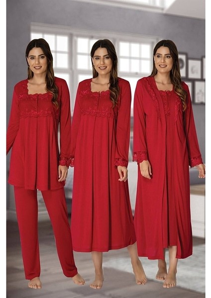 Effortt Kadın Uzun Kollu Pijama Takımı Gecelik Sabahlık Lohusa Hamile 4'lü Set 2405