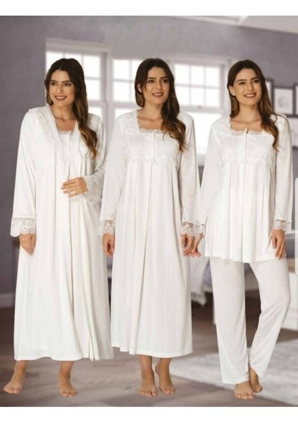 Effortt Kadın Uzun Kollu Pijama Takımı Gecelik Sabahlık Lohusa Hamile 4'lü Set 2405