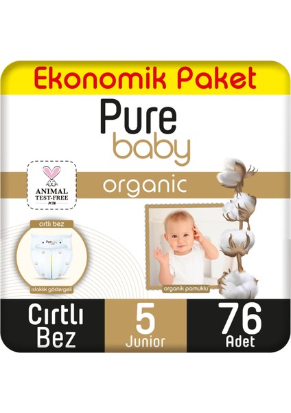 Baby organik Pamuklu Cırtlı Bez Ekonomik Paket 5 Numara Junior 76 Adet