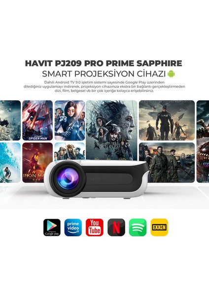 PJ209 Pro Prime Sapphire Full Hd 1080P Smart Projeksiyon Cihazı Android Tv 9.0 - 350 Ansi