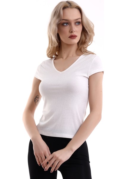 22474755 Ince Kaşkorse Ön Arka V Yaka Kısa Kol Bluz Ekru fiyatları