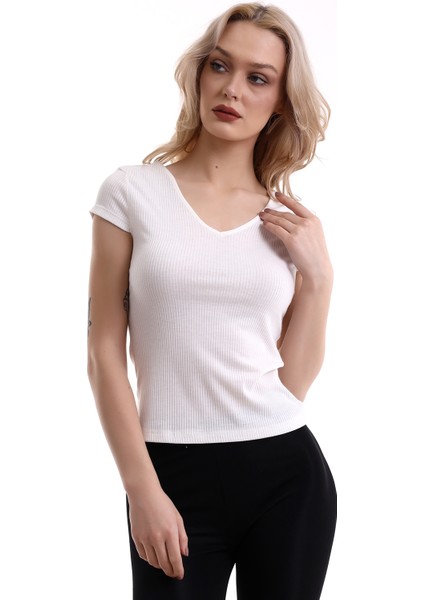 22474755 Ince Kaşkorse Ön Arka V Yaka Kısa Kol Bluz Ekru modelleri