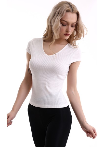 22474755 Ince Kaşkorse Ön Arka V Yaka Kısa Kol Bluz Ekru fırsatları