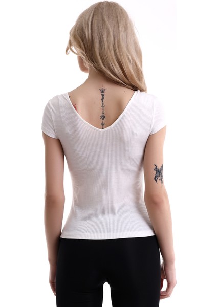 22474755 Ince Kaşkorse Ön Arka V Yaka Kısa Kol Bluz Ekru indirimleri