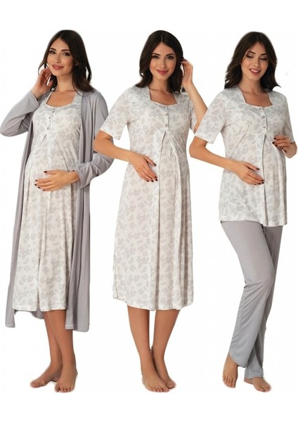 Effortt Kadın Gecelik Sabahlık Pijama Takımı Lohusa Hamile 4'lü Set 8016