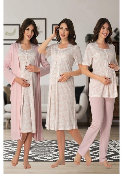Effortt Kadın Gecelik Sabahlık Pijama Takımı Lohusa Hamile 4'lü Set 8016